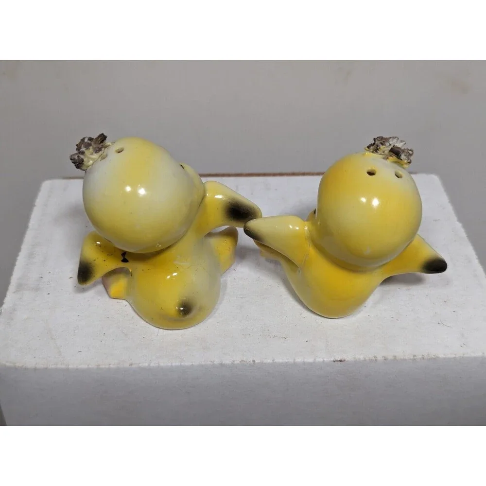 Vintage Ceramic Anthropomorphic Yellow Birds Flowers & Crown Salt Pepper Shakers